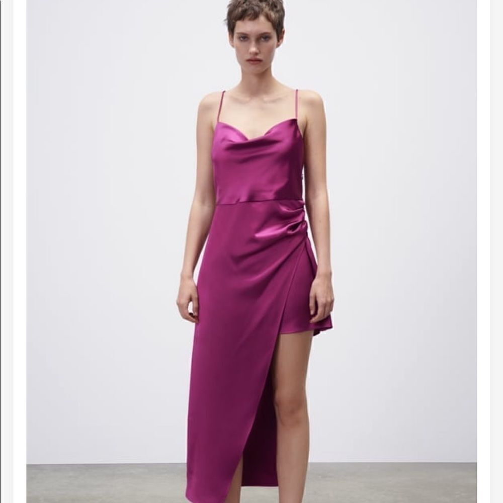 Zara Satin Slip Dress Cowl Neck Asymmetrical Wrap Midi